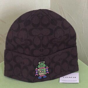 COACH SIGNATURE ROBOT PRINT KNIT BEANIE:NWT WALNUT/MULTI CX132